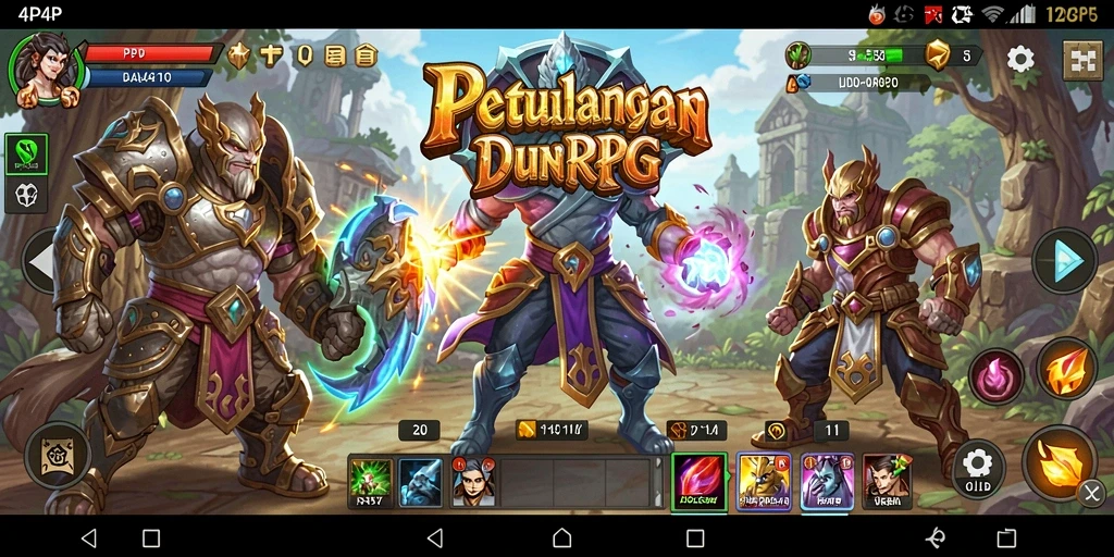 Screenshot gameplay 4P4P menampilkan aksi pertarungan di dunia RPG yang epik.