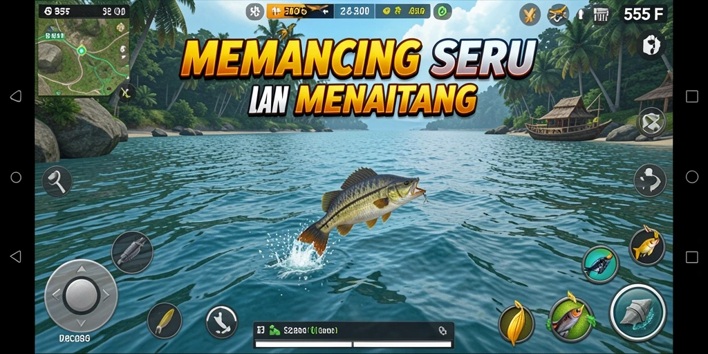 Tampilan screenshot utama 555F menunjukkan momen seru saat memancing.