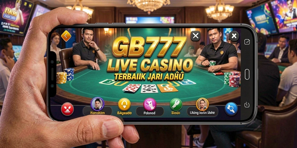 Screenshot GB777 menampilkan dealer profesional dan suasana permainan Live Casino yang menarik.