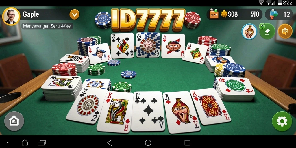Screenshot gameplay <strong>ID777</strong> yang menunjukkan kartu Gaple dan interaksi pemain.