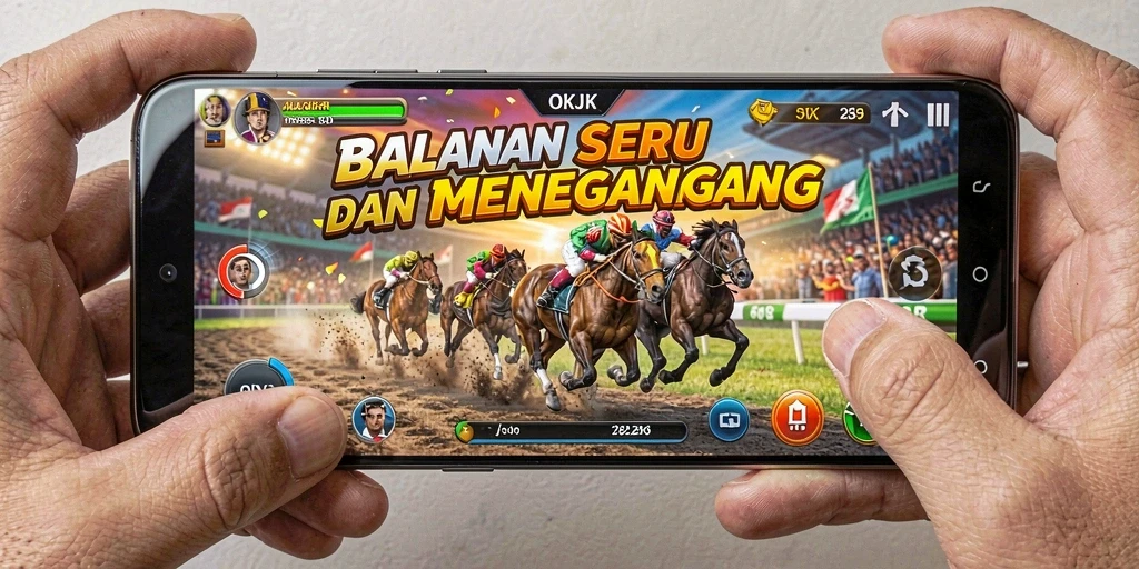 Screenshot permainan OKJK menampilkan balapan yang mendebarkan di trek yang menantang.