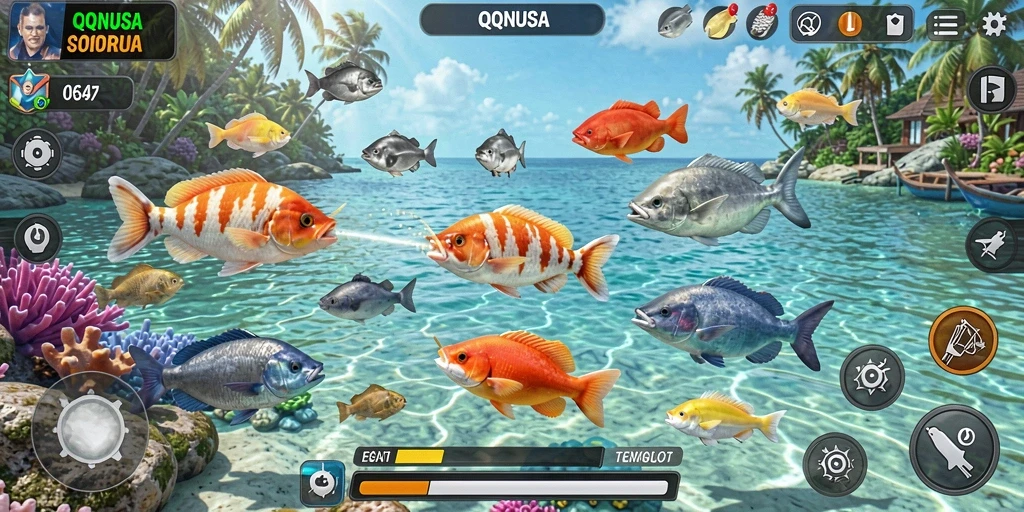Screenshot gameplay QQNUSA menampilkan aksi tembak ikan yang seru.