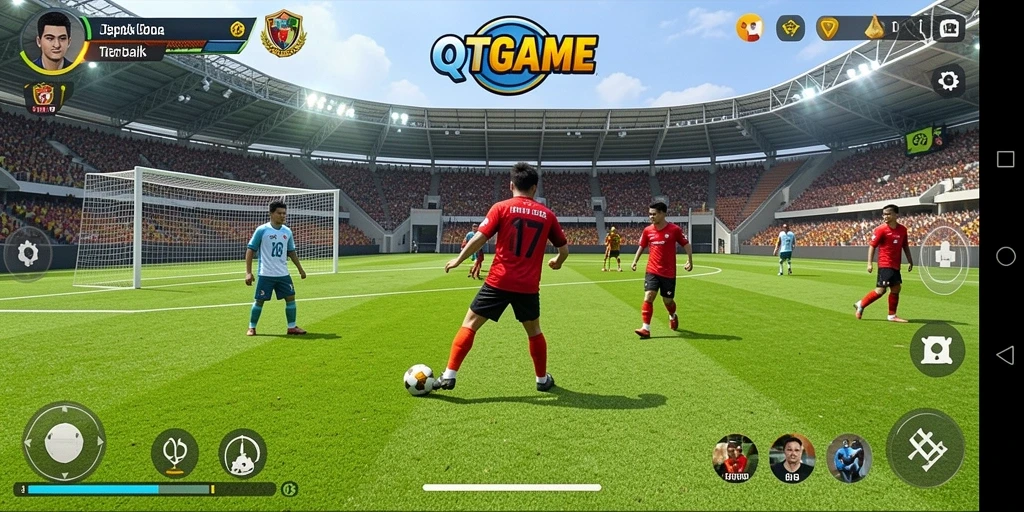 Screenshot gameplay QTGAME menampilkan aksi sepak bola yang mendebarkan.