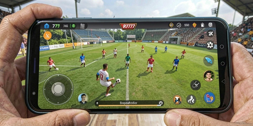 Screenshot utama RR777 menampilkan aksi seru gameplay sepak bola.