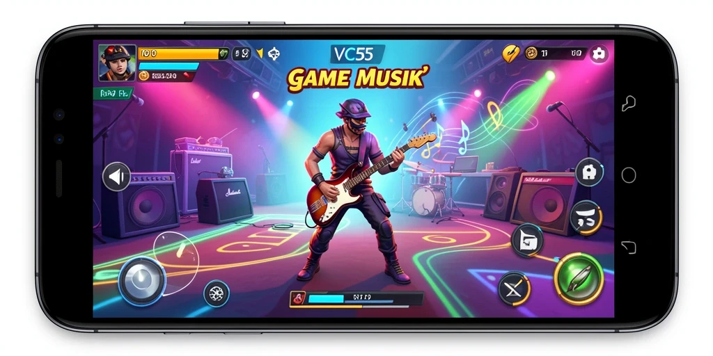Tangkapan layar menunjukkan gameplay interaktif VC55 dengan musik yang energik.